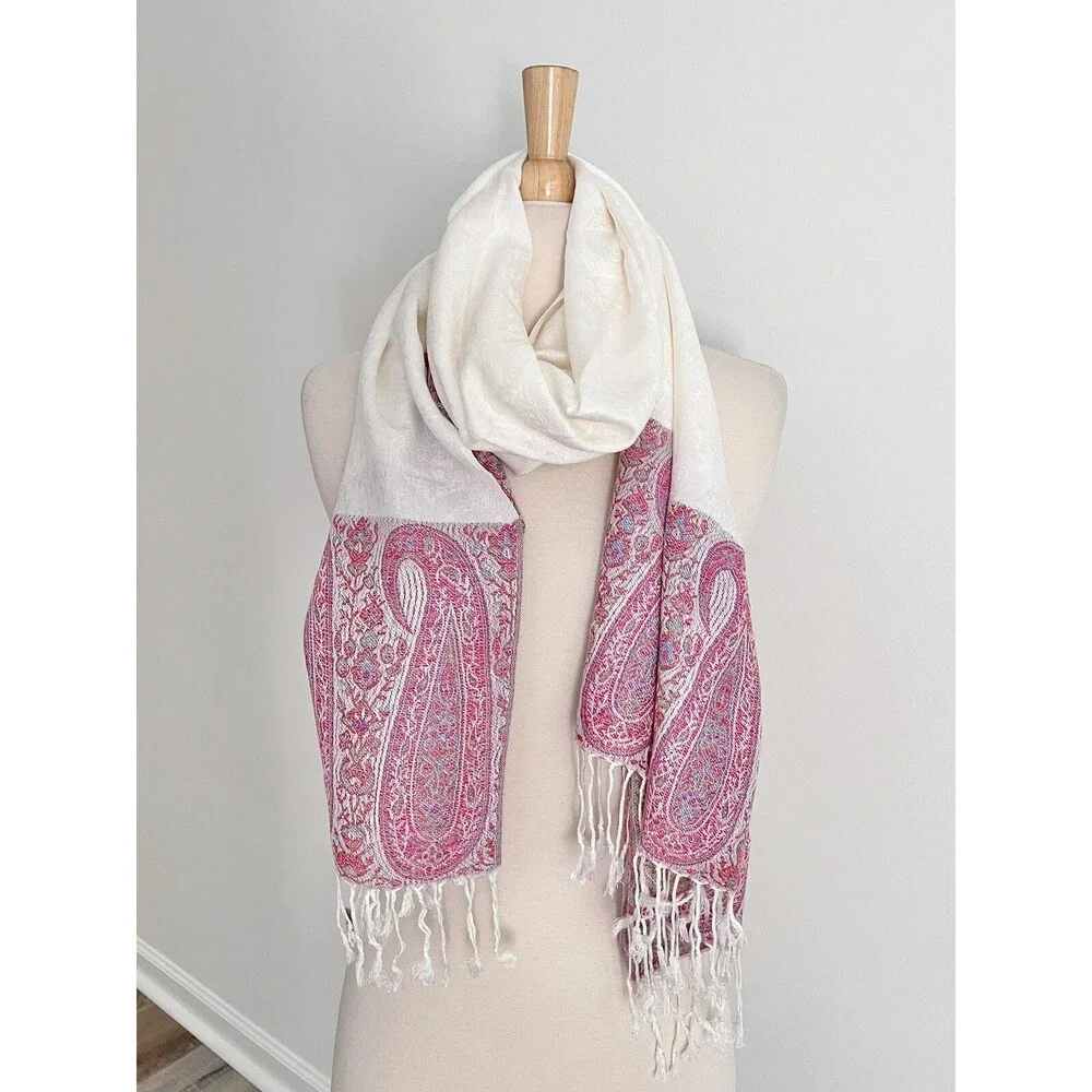 Soft Ivory Paisley Floral Scarf 100% Cashmere Boho Casual Colorful Pink Border